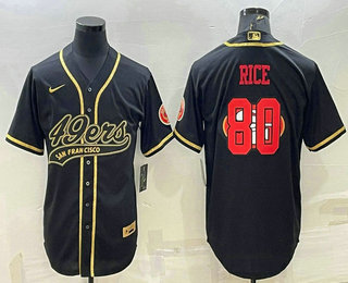Men's San Francisco 49ers #80 Jerry Rice Black Gold Team Big Logo With Patch Cool Base Stitched Baseball Jersey