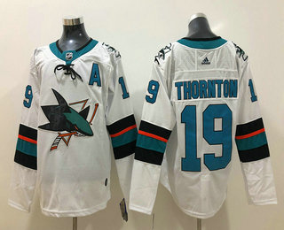 Men's San Jose Sharks #19 Joe Thornton White With A Patch 2017-2018 Hockey Adidas Stitched NHL Jersey