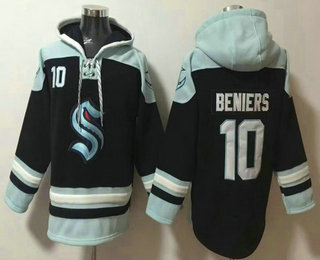 Men's Seattle Kraken #10 Matthew Beniers Navy Blue Ageless Must Have Lace Up Pullover Hoodie