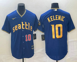 Men's Seattle Mariners #10 Jarred Kelenic Number Blue 2023 City Connect Cool Base Stitched Jersey