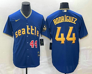 Men's Seattle Mariners #44 Julio Rodriguez Number Blue 2023 City Connect Cool Base Stitched Jersey 02