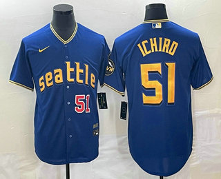 Men's Seattle Mariners #51 Ichiro Suzuki Number Blue 2023 City Connect Cool Base Stitched Jersey 01