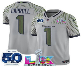 Men's Seattle Seahawks #1 Pete Carroll Limited Gray Super Bowl LX Patch And 50TH Rivalries FUSE Vapor Jersey