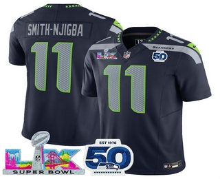Men's Seattle Seahawks #11 Jaxon Smith-Njigba Limited Navy Super Bowl LX Patch And 50TH FUSE Vapor Jersey