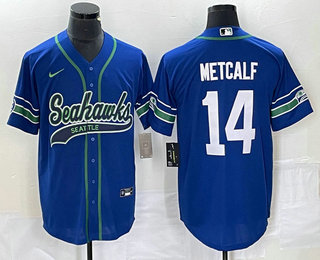 Men's Seattle Seahawks #14 DK Metcalf Blue With Patch Cool Base Stitched Baseball Jersey