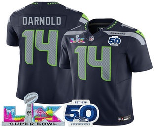 Men's Seattle Seahawks #14 Sam Darnold Limited Navy Super Bowl LX Patch And 50TH FUSE Vapor Jersey