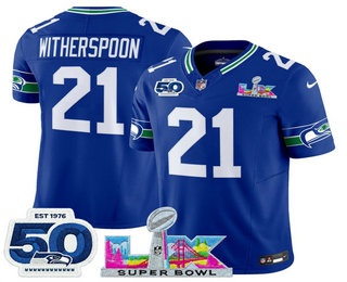 Men's Seattle Seahawks #21 Devon Witherspoon Limited Blue Super Bowl LX Patch And 50TH Throwback FUSE Vapor Jersey