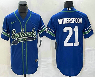 Men's Seattle Seahawks #21 Devon Witherspoon Royal Throwback Cool Base Stitched Baseball Jersey
