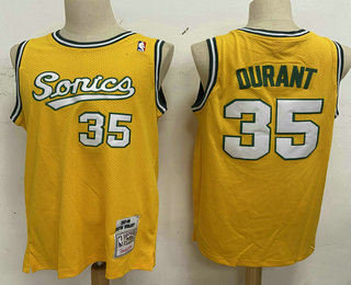 Men's Seattle Supersonics #35 Kevin Durant Yellow Hardwood Classics Soul Swingman Throwback Jersey