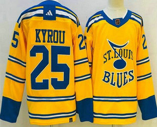 Men's St Louis Blues #25 Jordan Kyrou Yellow 2022 Reverse Retro Authentic Jersey