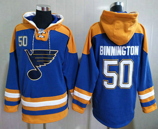 Men's St Louis Blues #50 Jordan Binnington Blue Ageless Must Have Lace Up Pullover Hoodie