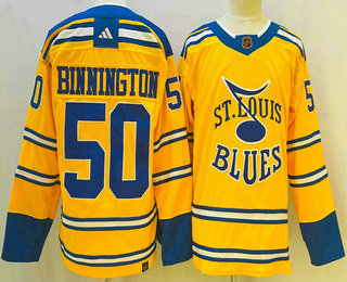 Men's St Louis Blues #50 Jordan Binnington Yellow 2022 Reverse Retro Authentic Jersey