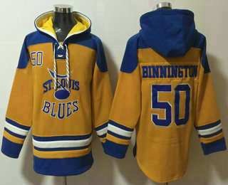 Men's St Louis Blues #50 Jordan Binnington Yellow Ageless Must Have Lace Up Pullover Hoodie