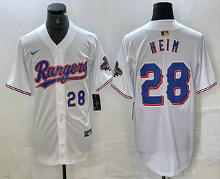 Men's Texas Rangers #28 Jonah Heim Number White 2023 World Series Champions Cool Base Jersey 12