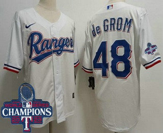 Men's Texas Rangers #48 Jacob deGrom White Team Logo 2023 World Series Champions Cool Base Jersey