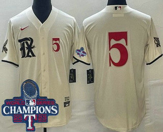Men's Texas Rangers #5 Corey Seager Cream City Player Number 2023 World Series Champions Cool Base Jersey