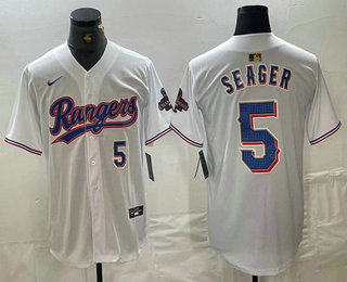 Men's Texas Rangers #5 Corey Seager Number White 2024 Gold Collection Limited Cool Base Jersey
