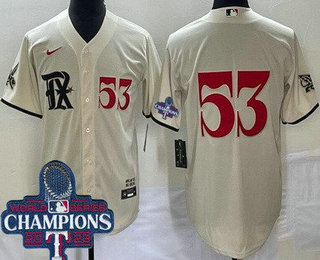 Men's Texas Rangers #53 Adolis Garcia Cream City Player Number 2023 World Series Champions Cool Base Jersey
