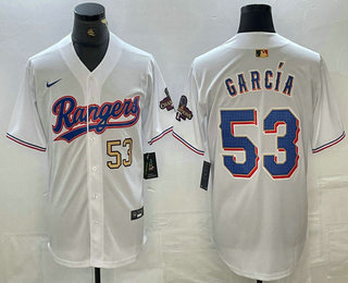Men's Texas Rangers #53 Adolis Garcia Number White 2023 World Series Champions Cool Base Jersey 11
