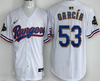 Men's Texas Rangers #53 Adolis Garcia White 2024 Gold Collection Limited Cool Base Jersey