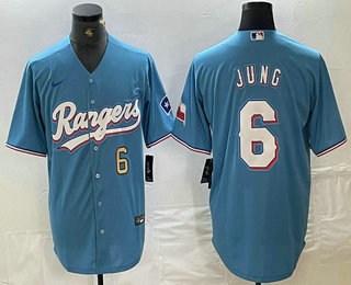 Men's Texas Rangers #6 Josh Jung Number Light Blue Team Logo Cool Base Jersey