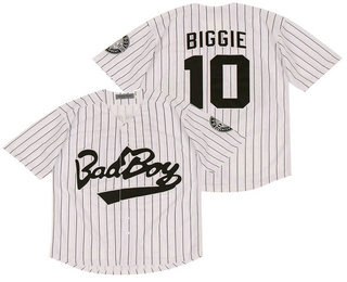 Men's The Movie Bad Boy #10 Biggie White Pinstripe Baseball Film Jersey Stiched Buttons Short Sleeve Jersey