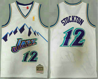 Men's Utah Jazz #12 John Stockton Mountain White Gold NBA 1996-97 Hardwood Classics Soul Swingman Throwback Jersey