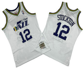 Men's Utah Jazz #12 John Stockton White 1991-92 Hardwood Classics Soul Swingman Throwback Jersey