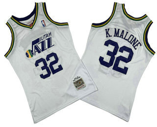Men's Utah Jazz #32 Karl Malone White 1991-92 Hardwood Classics Soul Swingman Throwback Jersey 01