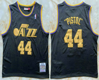 Men's Utah Jazz 44 Pistol Pete Maravich Hardwood Classics Black Throwback Swingman Jersey