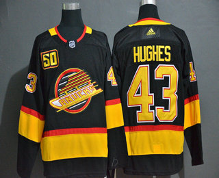 Men's Vancouver Canucks #43 Quinn Hughes Black 50th Season Adidas Stitched NHL Jersey