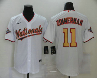 Men's Washington Nationals #11 Ryan Zimmerman White Gold 2019 World Series Champions Stitched MLB Cool Base Nike Jersey