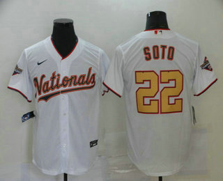 Men's Washington Nationals #22 Juan Soto White Gold 2019 World Series Champions Stitched MLB Cool Base Nike Jersey