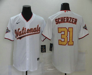 Men's Washington Nationals #31 Max Scherzer White Gold 2019 World Series Champions Stitched MLB Cool Base Nike Jersey