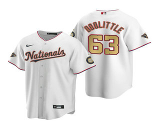 Men's Washington Nationals #63 Sean Doolittle White Gold 2019 World Series Champions Stitched MLB Cool Base Nike Jersey