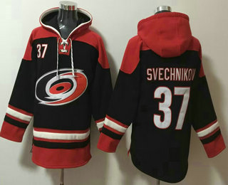 Mens Carolina Hurricanes #37 Andrei Svechnikov Black Ageless Must Have Lace Up Pullover Hoodie