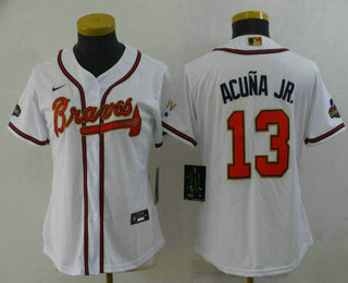 Women's Atlanta Braves #13 Ronald Acuna Jr 2022 White Gold World Series Champions Program Cool Base Stitched Baseball Jersey