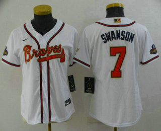 Women's Atlanta Braves #7 Dansby Swanson 2022 White Gold World Series Champions Program Cool Base Stitched Baseball Jersey