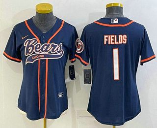Women's Chicago Bears #1 Justin Fields Navy With Patch Cool Base Stitched Baseball Jersey
