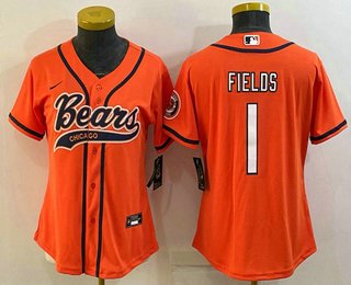 Women's Chicago Bears #1 Justin Fields Orange With Patch Cool Base Stitched Baseball Jersey