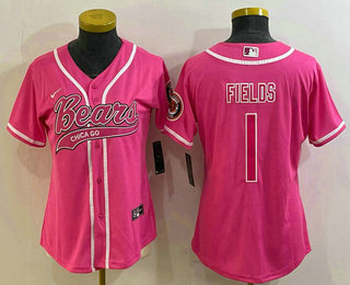 Women's Chicago Bears #1 Justin Fields Pink With Patch Cool Base Stitched Baseball Jersey