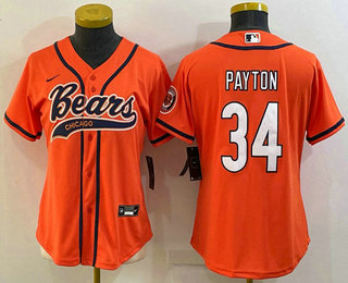 Women's Chicago Bears #34 Walter Payton Orange With Patch Cool Base Stitched Baseball Jersey