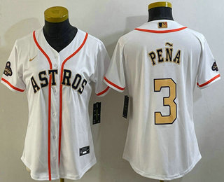 Women's Houston Astros #3 Jeremy Pena 2023 White Gold World Serise Champions Patch Cool Base Stitched Jersey 01