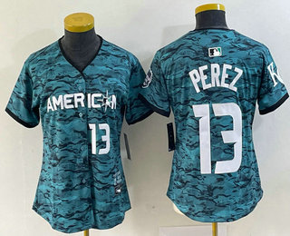Women's Kansas City Royals #13 Salvador Perez Teal 2023 All Star Cool Base With Patch Stitched Baseball Jersey