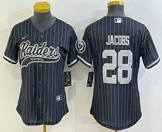 Women's Las Vegas Raiders #28 Josh Jacobs Black Team Big Logo With Patch Cool Base Stitched Baseball Jersey