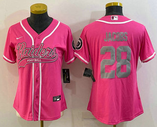 Women's Las Vegas Raiders #28 Josh Jacobs Pink With Patch Cool Base Stitched Baseball Jersey