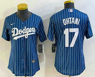 Women's Los Angeles Dodgers #17 Shohei Ohtani Blue Pinstripe Cool Base Stitched Baseball Jersey 11
