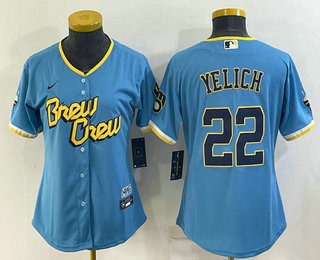 Women's Milwaukee Brewers #22 Christian Yelich Blue 2022 City Connect Cool Base Stitched Jersey