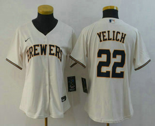 Women's Milwaukee Brewers #22 Christian Yelich Cream Stitched MLB Cool Base Nike Jersey
