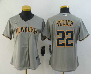 Women's Milwaukee Brewers #22 Christian Yelich Gray Stitched MLB Cool Base Nike Jersey